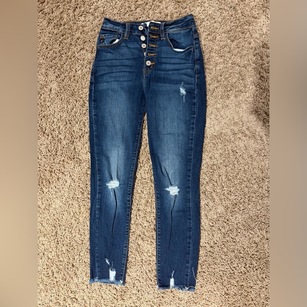 KanCan Women's Dark Blue Button-Fly High Rise Jeans